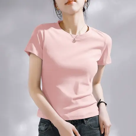 KMV真维斯粉色正肩短款短袖t恤女2025夏季新款修身小个子圆领体恤商品大图