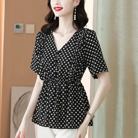 大码短袖雪纺衬衫女夏季2023年新款收腰气质女上衣高级感大牌小衫商品大图