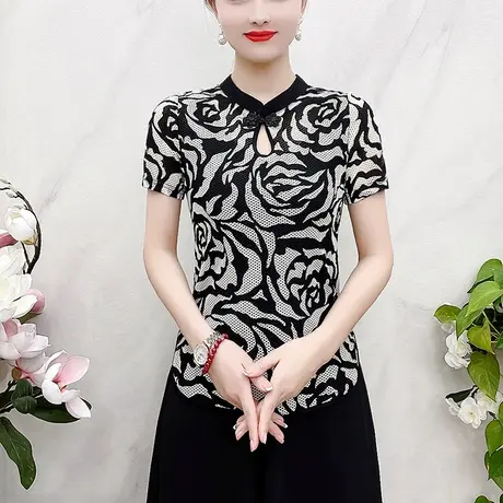 中老年女士t恤短袖印花复古洋气妈妈装大码短款印花网纱打底衫商品大图