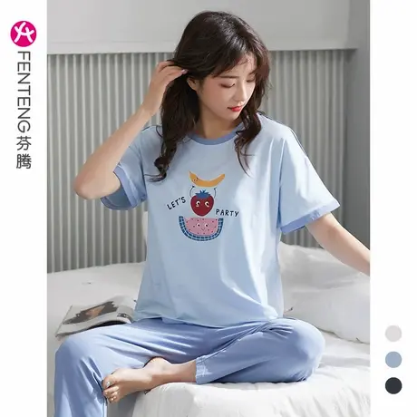 芬腾睡衣女士夏天纯棉短袖长裤女款春夏季薄款大码可爱家居服套装商品大图