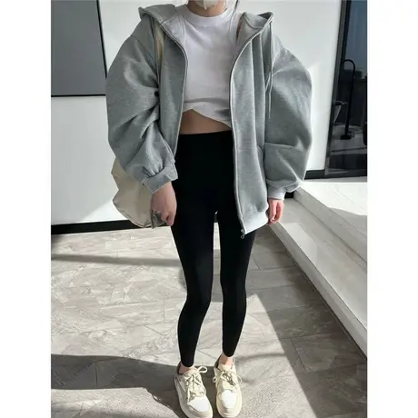 韩国东大门2023春季新款灰色卫衣女连帽开衫宽松慵懒风中长款外套商品大图