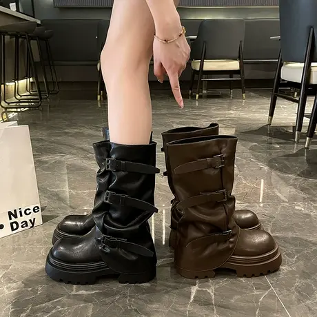 时尚百搭短筒靴女2025秋季新款小个子英伦风靴子高级感厚底裤管靴商品大图