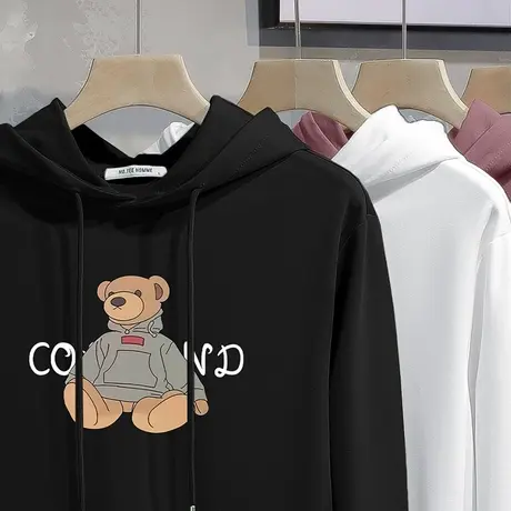 连帽卫衣男宽松潮流黑色长袖外套小熊带帽衫秋冬加绒加厚休闲百搭商品大图