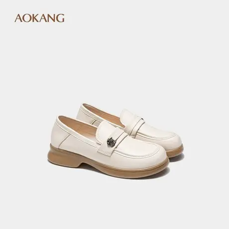 奥康 女鞋秋季乐福鞋真皮山茶花气质单鞋通勤平底黑色小皮鞋图片