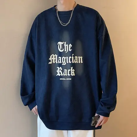 男款潮牌麂皮绒卫衣美式宽松圆领长袖t恤男生内搭青少年潮流衣服图片