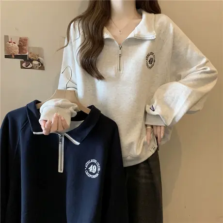 重工刺绣设计感半拉链POLO领长袖卫衣女春秋薄款宽松显瘦外套上衣商品大图