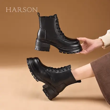 哈森真皮马丁靴女靴子舒适时尚百搭粗跟显瘦增高短靴高跟瘦瘦靴女图片