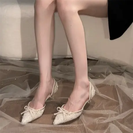 法式气质蝴蝶结百搭仙女风尖头细跟中空高跟鞋女2025新款小跟单鞋商品大图