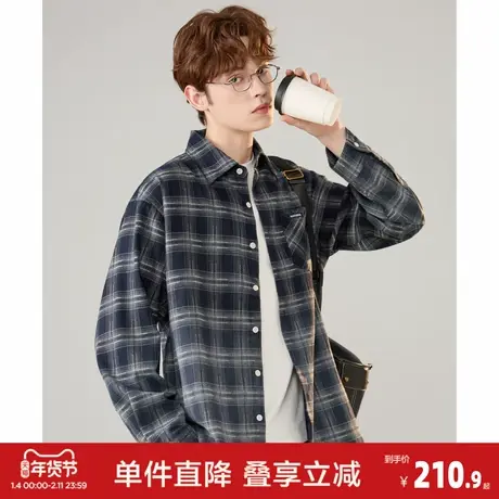 唐狮2026春季新款男格纹长袖衬衫美式休闲外套复古衬衣男士慵懒风图片