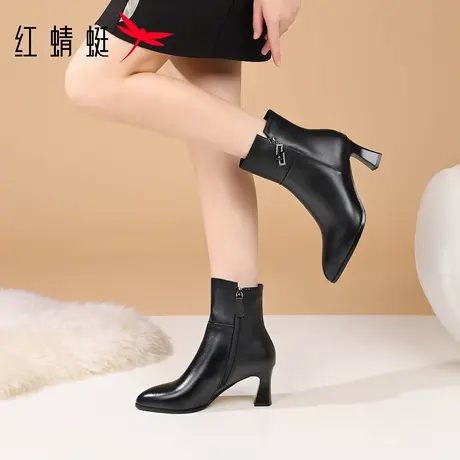 红蜻蜓秋冬季女鞋新款尖头女士靴子女高跟鞋中筒短靴真皮皮靴牛皮图片