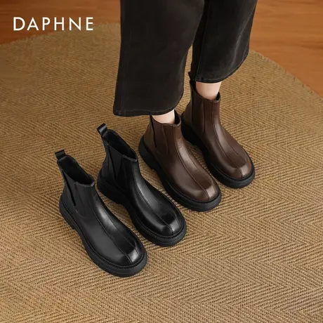 达芙妮靴子女款2026新款秋冬加绒棕色厚底女士皮靴切尔西瘦瘦短靴图片