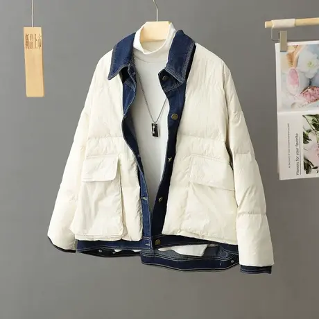 欧洲站羽绒服女2023冬季加厚保暖赫本风假两件牛仔面包服外套棉袄图片