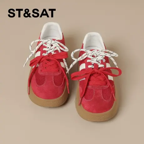 星期六真皮红色双鞋带厚底德训鞋女2026春季新款时尚百搭休闲鞋子商品大图