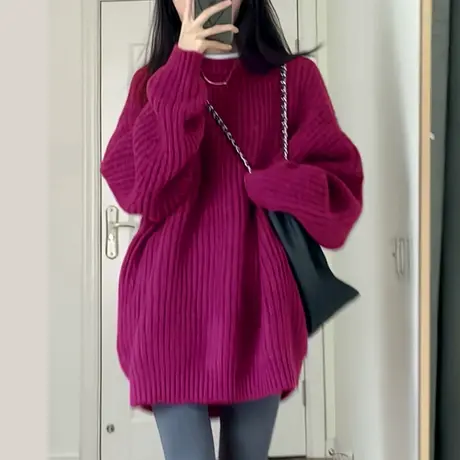 唐狮秋冬新款毛衣显瘦宽松圆领中长款套头时尚慵懒风好看针织衫TD图片