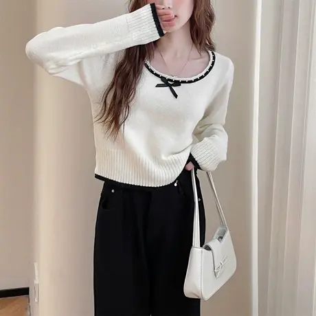 唐狮春季毛衣女撞色小众设计感蝴蝶结套头内搭毛线衫显瘦qdTD图片