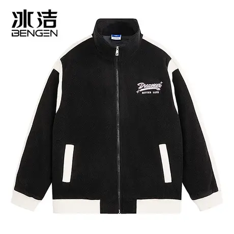冰洁澳绒加厚夹克男2023秋冬季新款情侣装时尚潮流撞色刺绣外套ZX商品大图