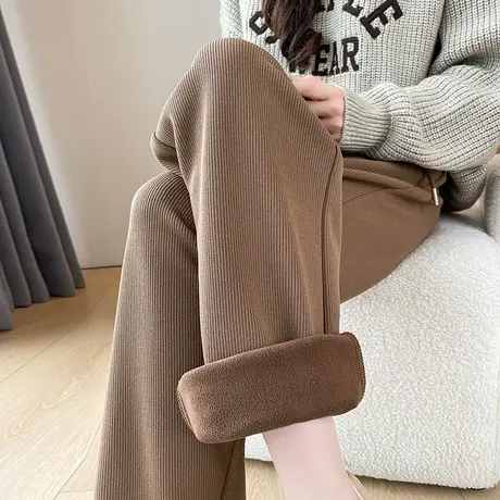 咖色雪尼尔阔腿裤女冬季新款高腰宽松窄版直筒加绒加厚针织休闲裤商品大图