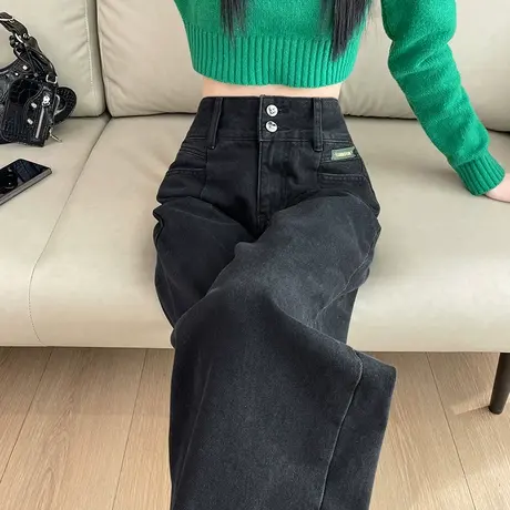 黑色加绒阔腿牛仔裤女2023冬季新款高腰宽松显瘦直筒垂感拖地裤子商品大图