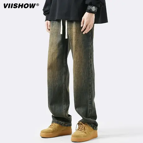 VIISHOW复古蓝牛仔裤男秋季美式高街潮牌长裤宽松水洗做旧直筒裤商品大图
