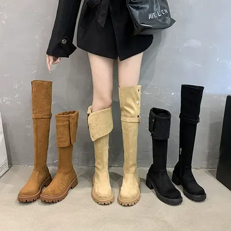 复古两穿翻折厚底西部靴秋冬新款麂皮绒长筒靴粗跟过膝长靴骑士靴图片