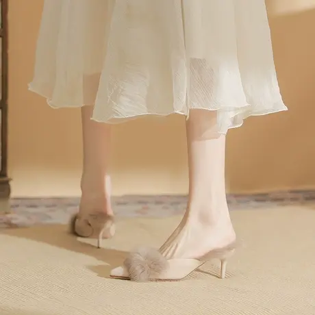 外穿毛毛拖鞋女2023秋冬新款高级感网红气质包头半拖鞋细跟高跟鞋商品大图