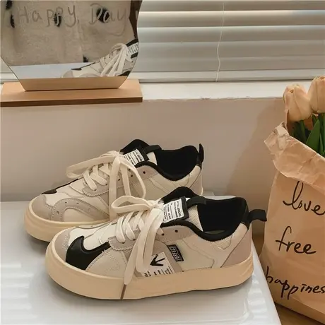 2023学生春季低帮平底帆布鞋女韩版休闲运动板鞋港风拼接小白鞋女商品大图