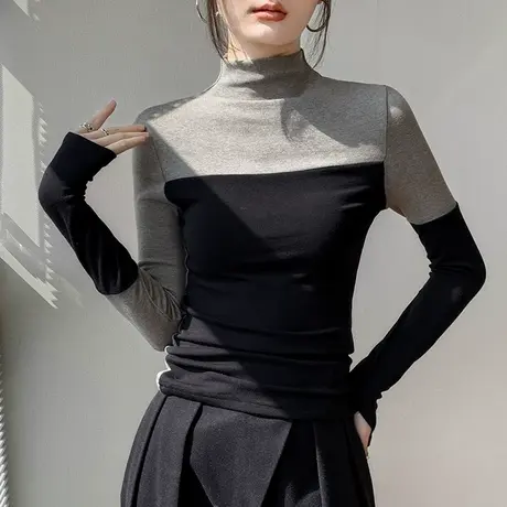 半高领拼色长袖t恤女2023秋冬新款磨毛内搭正肩套手指打底衫上衣商品大图