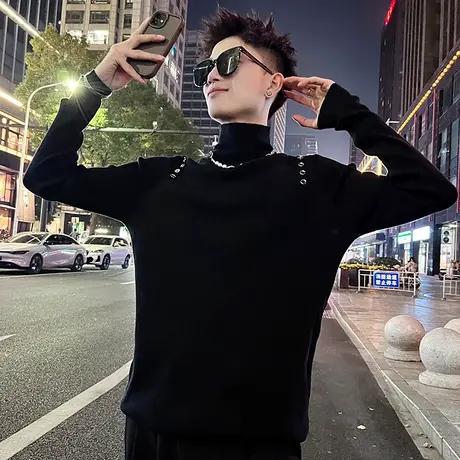 秋冬款高领毛衣个性纽扣装饰纯色修身打底衫内搭夜店针织线衣t恤图片