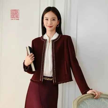 EP雅莹高端系列 国风红色小香风纯羊毛圆领外套 秋冬新款1207A商品大图