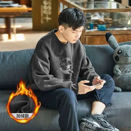 唐狮冬季圆领前胸图案卫衣男装外套衣服长袖宽松青少年时尚潮流黑图片