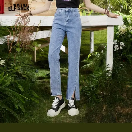 妖精的口袋开叉微喇牛仔裤女2024早春新款喇叭裤高腰修身显瘦裤子图片