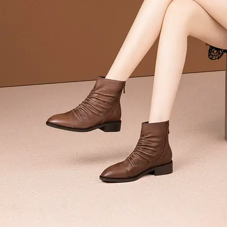 真皮短靴女2023年秋冬新款低跟真皮平底靴尖头西部堆堆靴粗跟靴子图片