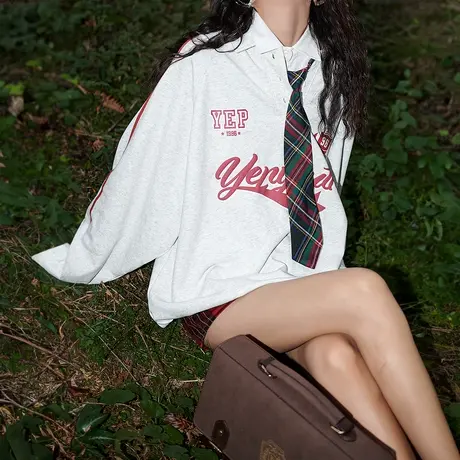 YEP美式复古polo领卫衣女春秋薄款2023新款宽松套头oversize上衣商品大图