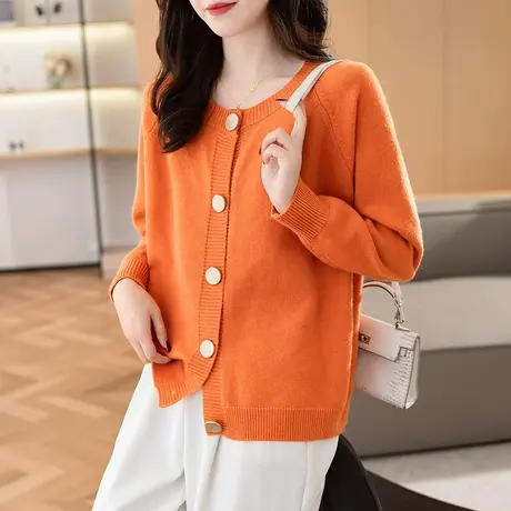 23125新款韩版宽松圆领长袖纽扣针织衫开衫外套毛衣纯色上衣女商品大图