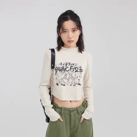 尔给秋季半高领打底衫上衣长袖奶杏色修身短款t恤女2022年新款商品大图