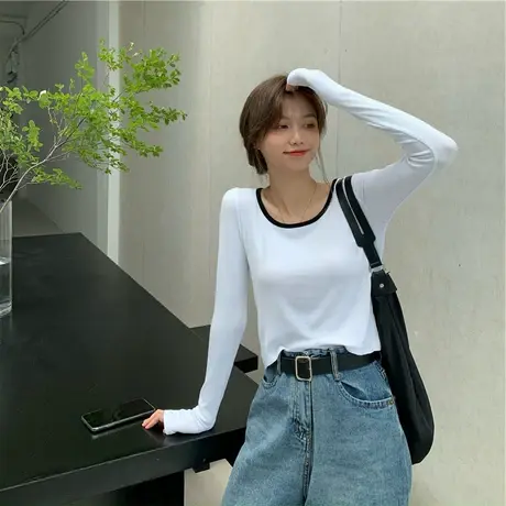 早秋冬季新款U领短款长袖T恤女春秋薄款打底衫百搭修身显瘦上衣潮图片