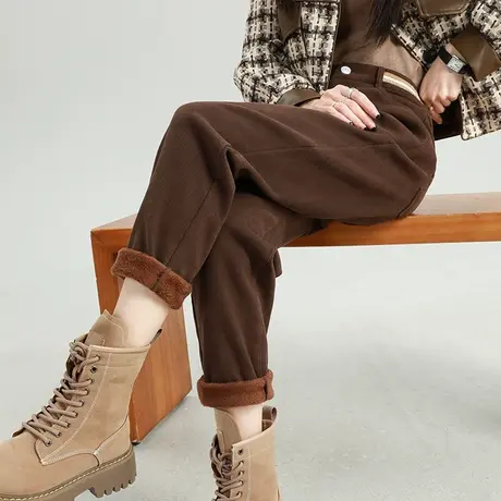 加绒牛仔裤女秋冬新款咖啡色裤子高腰直筒宽松显瘦加厚哈伦老爹裤商品大图