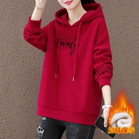 宽松连帽加绒卫衣女秋冬2023年新款韩版大码女装加厚套头上衣外套商品大图