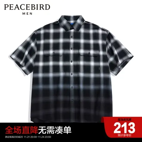 太平鸟男装 格纹渐变衬衣男夏季新款外穿式宽松翻领短袖衬衫商品大图