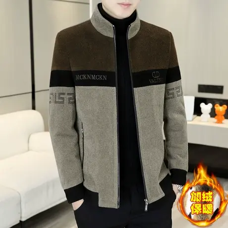 金貂绒夹克男士拼色加绒上衣秋冬季潮牌加厚青年短款立领呢子外套商品大图