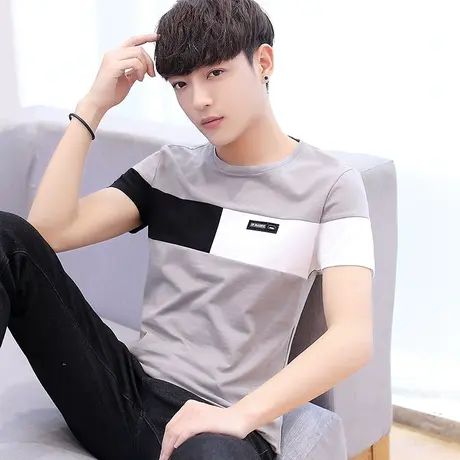 夏季男士短袖t恤潮流潮牌拼色棉感丅恤圆领体桖衣服2023年新款t血商品大图