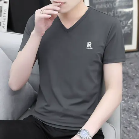 莫代尔短袖t恤男装V领夏季薄款冰丝冰感上衣服潮牌潮流青少年半袖商品大图