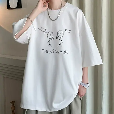 白色短袖t恤男夏季设计感小众印花五分半袖男青少年港风纯棉体恤T商品大图