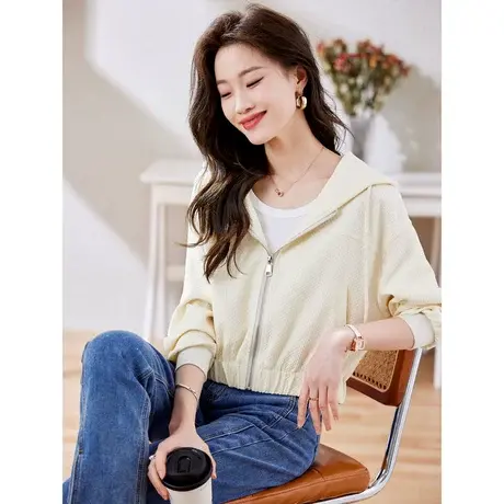 时尚休闲气质短外套2023年春季新款淑女宽松显瘦通勤拉链连帽上衣商品大图