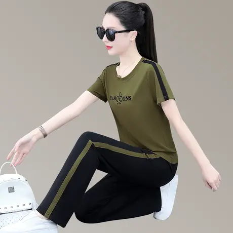 天丝直筒裤休闲运动套装女夏装2023年新款时髦宽松显瘦短袖两件套商品大图