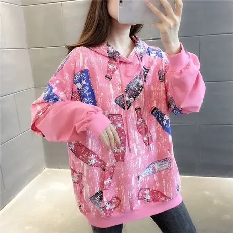 中长款连帽卫衣女口袋上衣2023年秋冬新款韩版百搭卡通外套潮ins商品大图