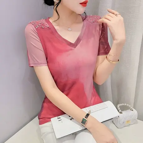 女装2024新款时尚钉珠性感V领T恤短袖扎染印花小衫夏修身网纱上衣图片