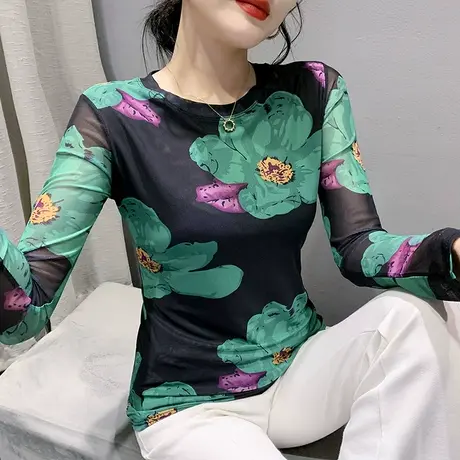 2024春秋新款性感网纱打底衫女长袖时尚洋气印花上衣漂亮圆领T恤商品大图