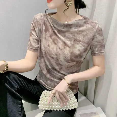 性感网纱扎染T恤女短袖2024夏装新款一字领气质小衫显瘦修身上衣商品大图