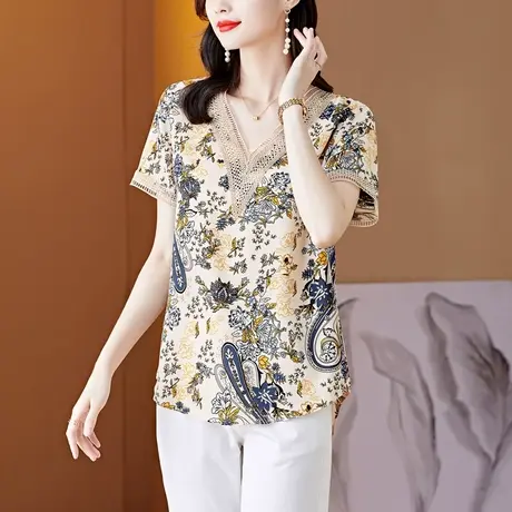 2023夏季新款中年时尚妈妈装遮肚子减龄蕾丝接拼V领真丝雪纺衫女图片